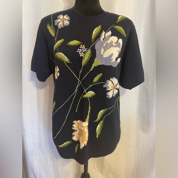 Alfred Dunner vintage blue floral embroidered short sleeve sweater size medium - Picture 6 of 6